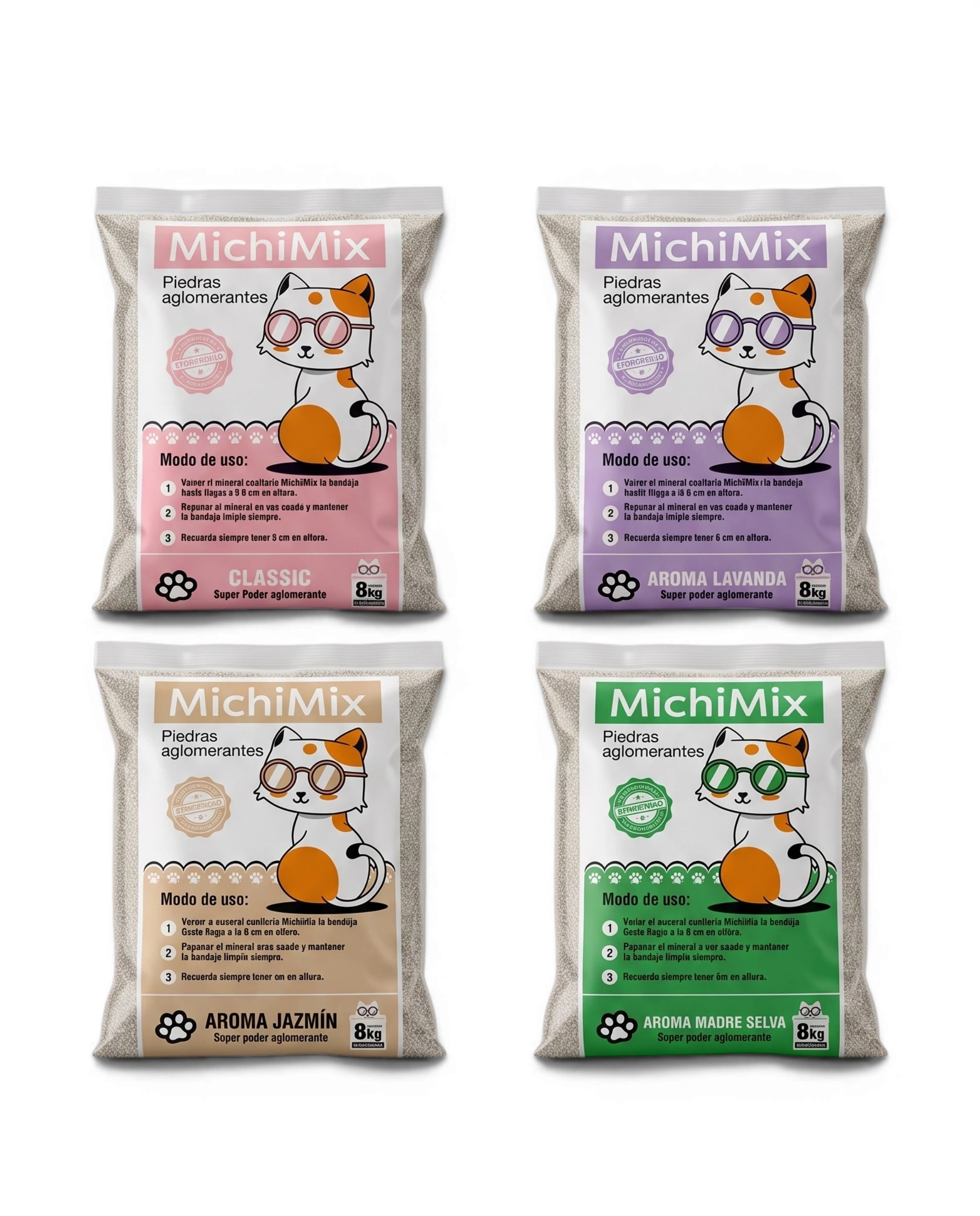 Piedras aglomerantes MichiMix Clasicas, Aroma Lavanda, Aroma Jazmín y Aroma Madre Selva en bolsas de 8 kg